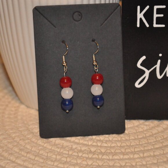 Red, White, & Blue Glass Bead Drop Earrings - Picture 2 of 3